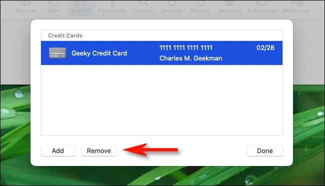Selecione um cartão na lista e clique em “Remover”.