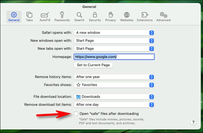 Nas preferências gerais do Safari no Mac, desmarque "Abrir arquivos 'seguros' após o download".