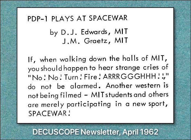 Anúncio do Spacewar da edição de abril de 1962 do boletim informativo Decuscope.