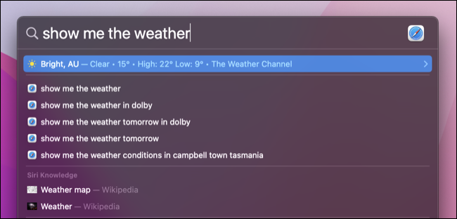 Comando "Mostre-me o clima" no macOS Spotlight