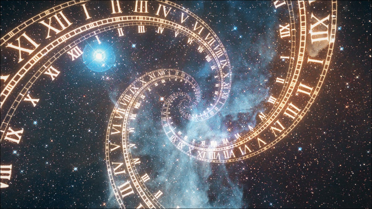 Os algarismos romanos que representam o tempo formam um redemoinho giratório no espaço cósmico.