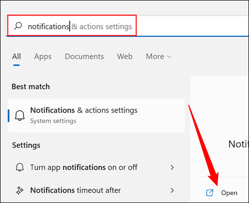 Type "Notifications" into the search, then hit Enter or click "Open." 