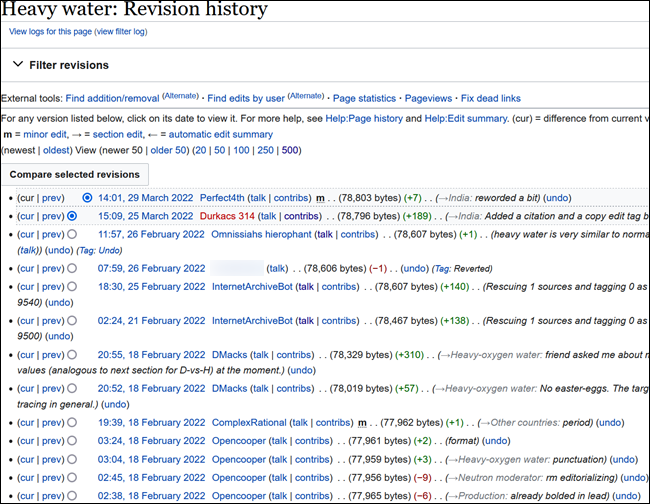 Histórico de revisões no artigo da wikipedia sobre Heavy Water.