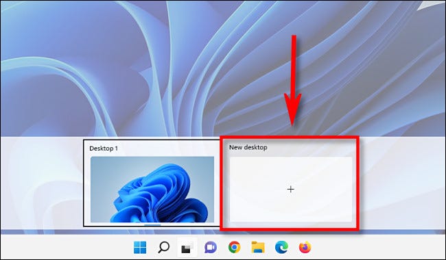 Na exibição de tarefas no Windows 11, clique no botão "Nova área de trabalho" para criar uma nova área de trabalho virtual.