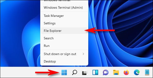Clique com o botão direito do mouse no botão Iniciar e selecione "File Explorer" na lista.