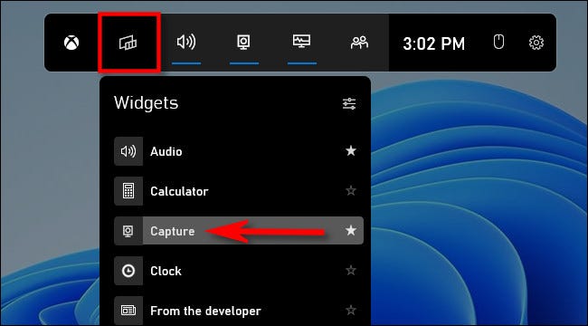 Clique no botão “Widgets” e selecione “Capturar”.