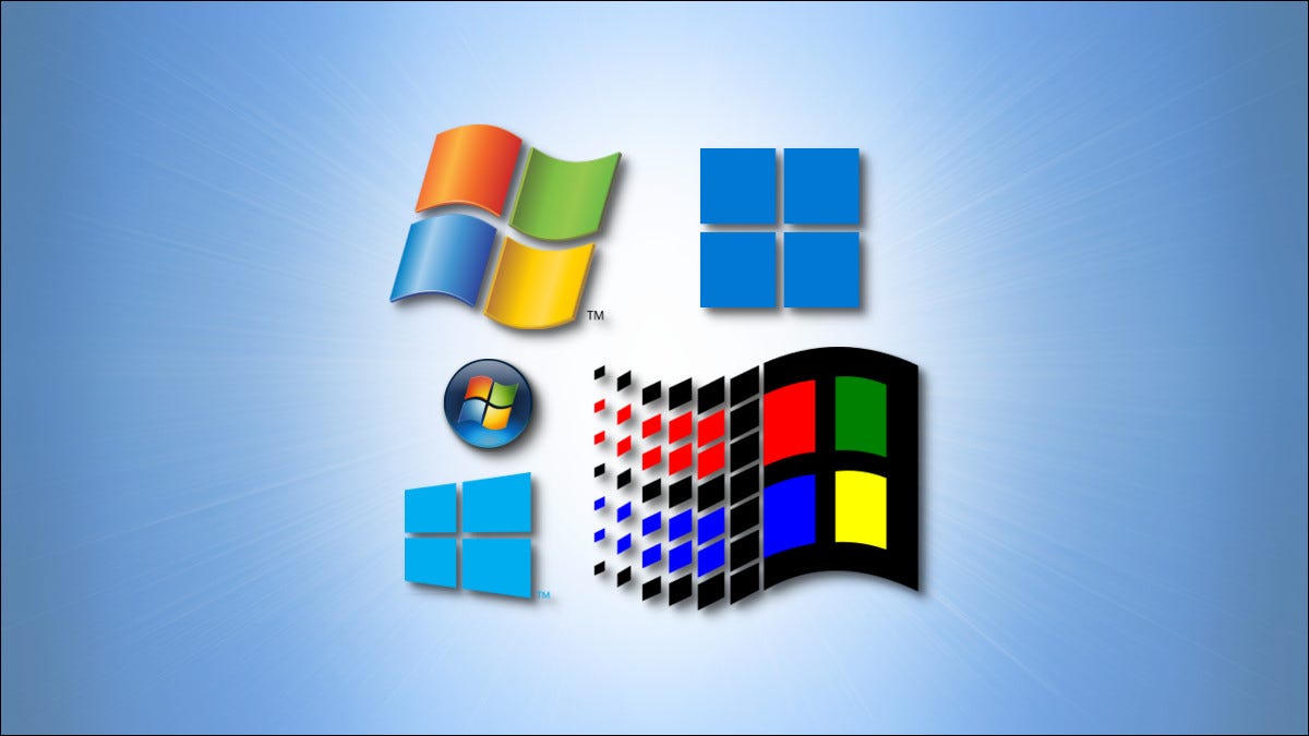 Cinco logotipos históricos do Microsoft Windows em um fundo azul