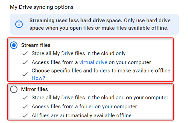 Escolha "Stream Files" ou "Mirror Files" à direita.