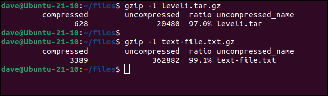 Usando a opção -l list para ver as estatísticas de compactação de um arquivo
