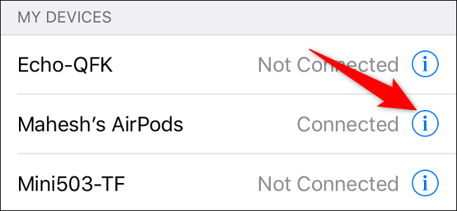 Toque em "i" ao lado dos AirPods.