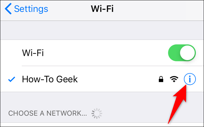 Selecione "i" ao lado de uma rede Wi-Fi.