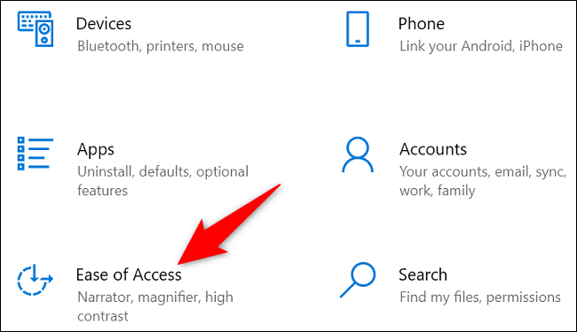 Selecione "Facilidade de acesso" em Configurações.