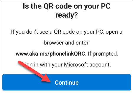 Toque em "Continuar" para escanear o código QR.