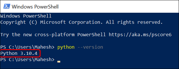 Visualize a versão do Python no PowerShell.