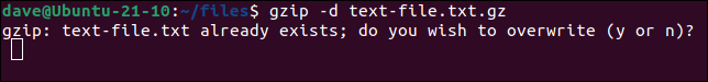 Substituir o prompt do gzip quando o arquivo no arquivo já existe no diretório