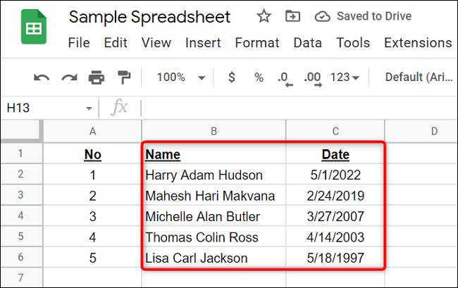 Conjunto de dados classificado por data no Planilhas Google.