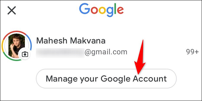 Toque em "Gerenciar sua conta do Google".