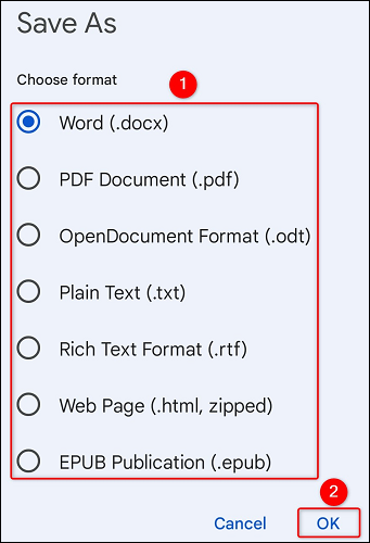 Selecione um formato de arquivo e clique em “OK”.