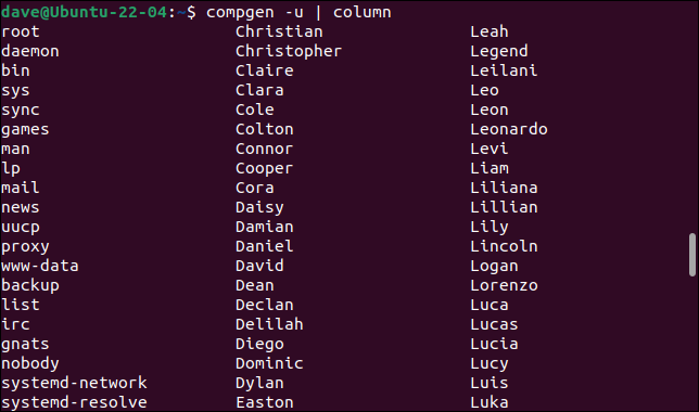 Usando os comandos compgen e column para listar os nomes das contas de usuário do arquivo /etc/passwd em colunas