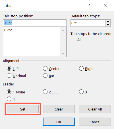 Adicione uma parada de tabulação nas configurações