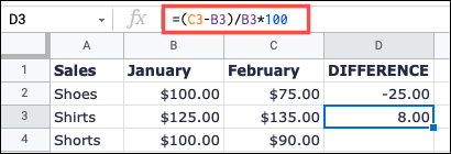 Fórmula alternativa para aumento percentual no Planilhas Google