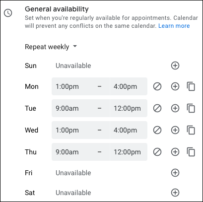 General Availability days and times