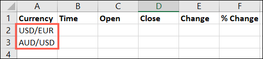 Pares de moedas no Excel