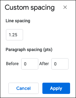 Configurações para espaçamento personalizado