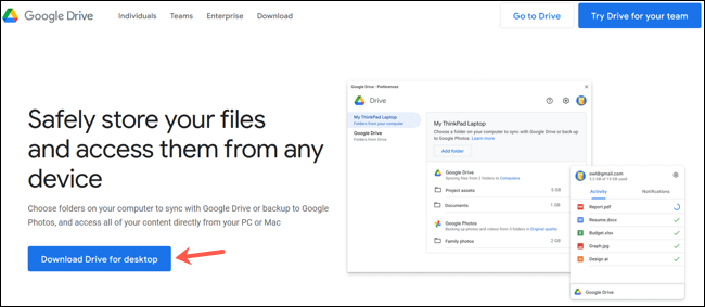 Página de download do Google Drive para computador