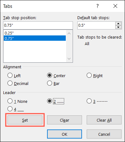 Parada de tabulação editada nas configurações