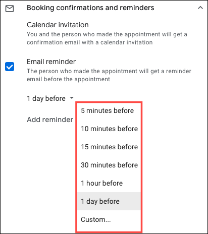 Email reminder settings