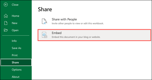 Incorporar nas opções de compartilhamento para Excel na Web