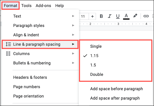 Predefinições de espaçamento entre linhas no Google Docs