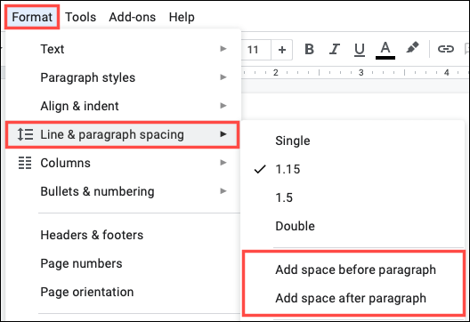 Opções de espaçamento entre parágrafos no Google Docs