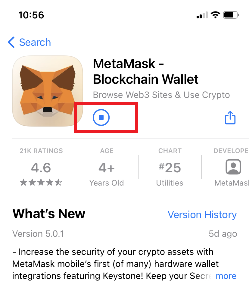 Página de download do MetaMask na App Store.