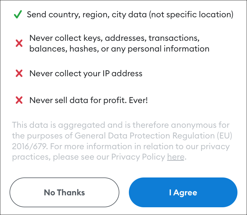 Acordo de usuário MetaMask com as opções "I Agree" e "Não, obrigado".