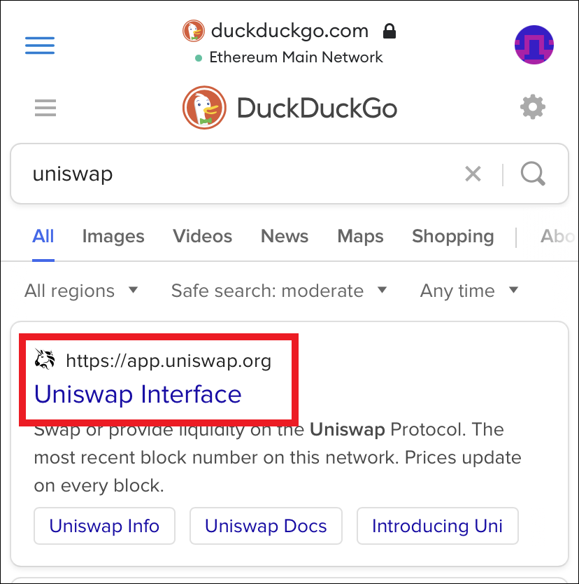 Link da Interface Uniswap destacado nos resultados da pesquisa.