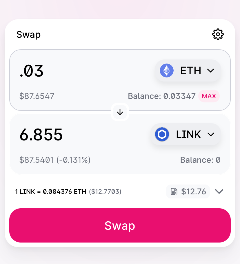 Interface de Swap entre ETH e LINK.