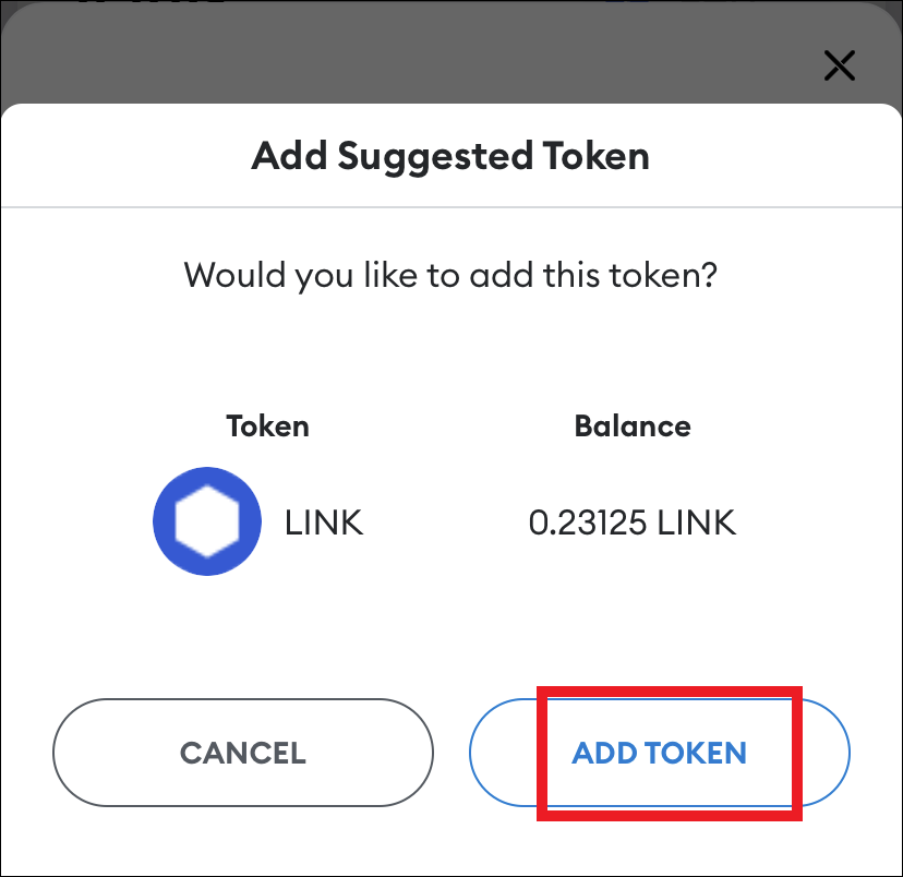 Adicionar página de token sugerido com o botão Adicionar token destacado no canto inferior esquerdo.