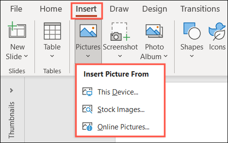 Inserir, opções de imagem no PowerPoint