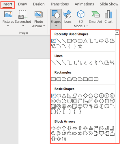 Inserir, opções de forma no PowerPoint