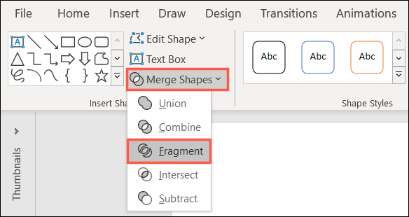 Fragmentar na lista suspensa Merge Shapes