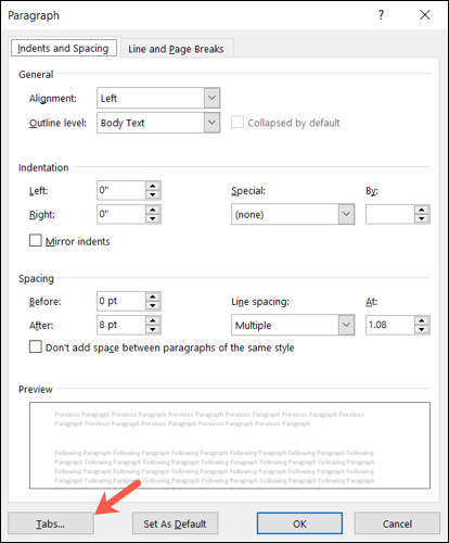 Acessar guias nas configurações de parágrafo