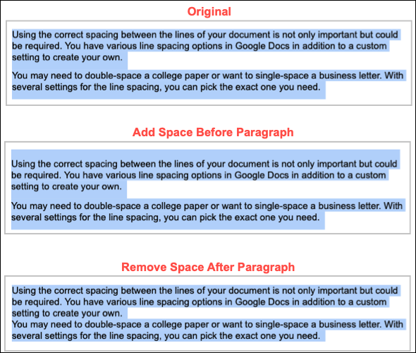 Diferentes exemplos de espaçamento entre parágrafos