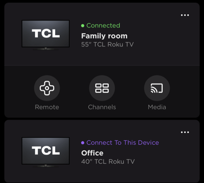 Dispositivos no aplicativo móvel Roku