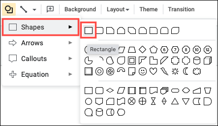 Retângulo no menu Formas