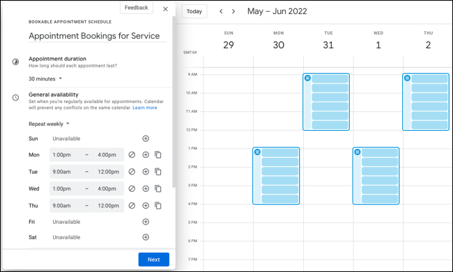 Appointment schedule setup sidebar