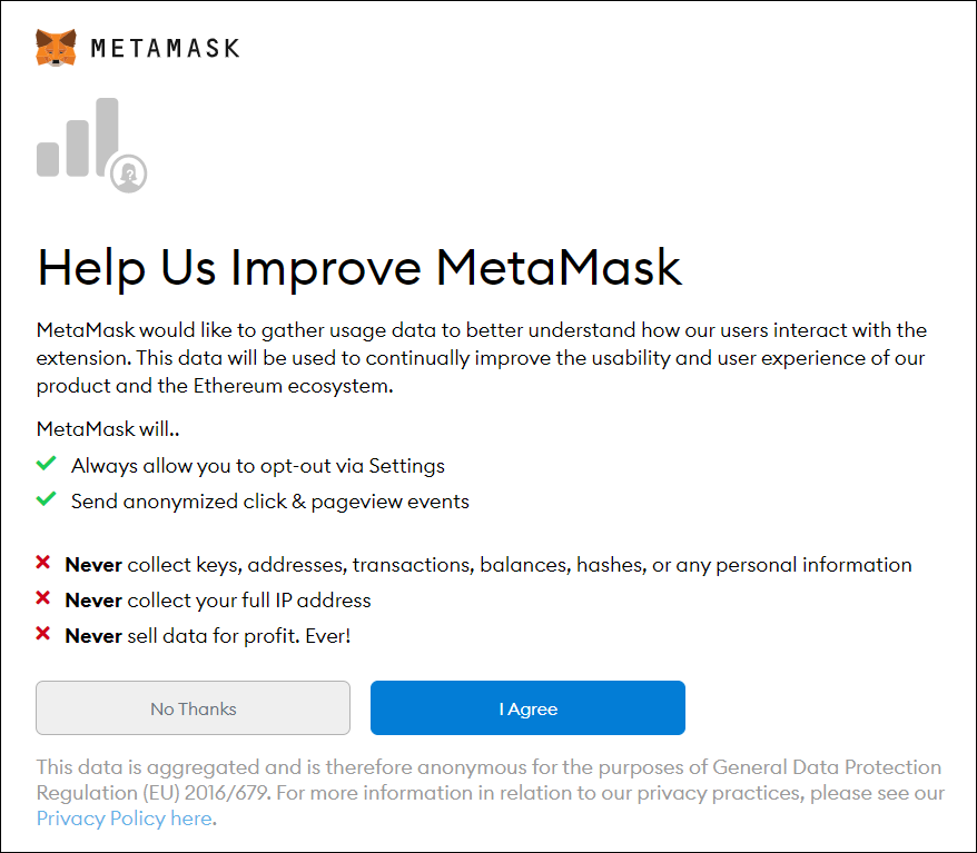 Termos do contrato MetaMask com botões "Concordo" e "Não, obrigado"