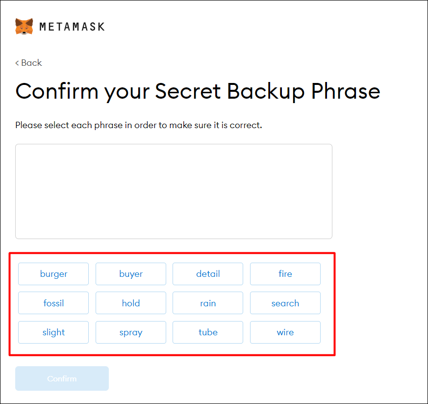 Janela para confirmar sua frase secreta de backup