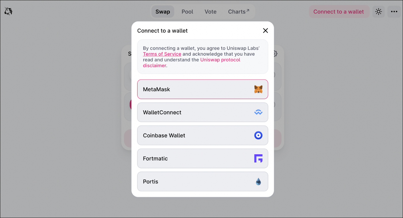 Opção MetaMask no Uniswap.